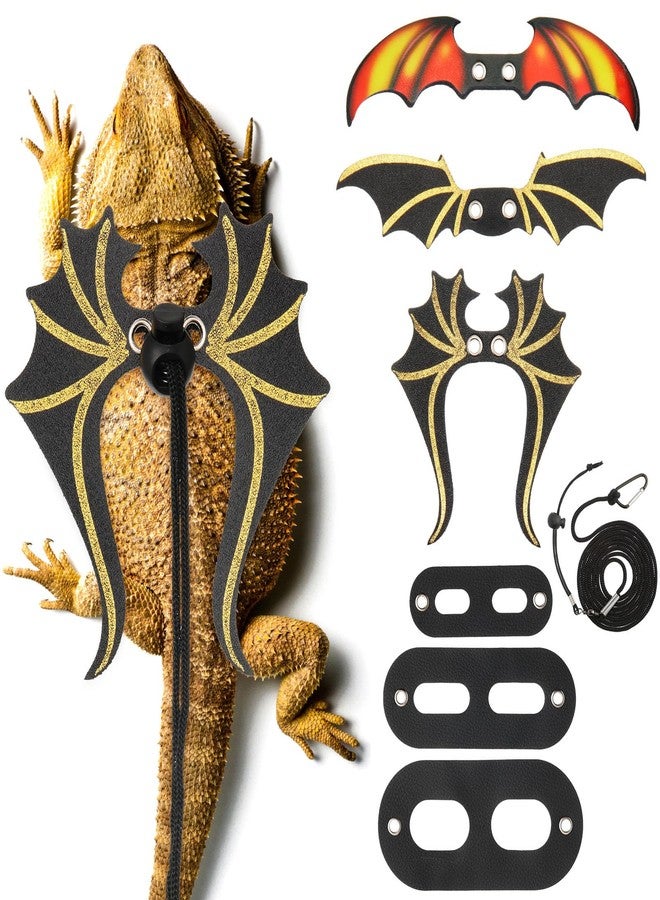 Wesnoy Bearded Dragon Leash and Harness Set 3 Size Pack Adjustable Cool Leather Lizard Leash with Dinosaur Wings for Reptile Safety Walking Accessories, Black - Image 1